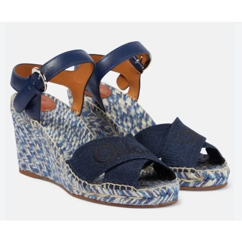 Chloe Piia Denim Logo Espadrille Wedge Sandals with Leather Straps‎ Size 36